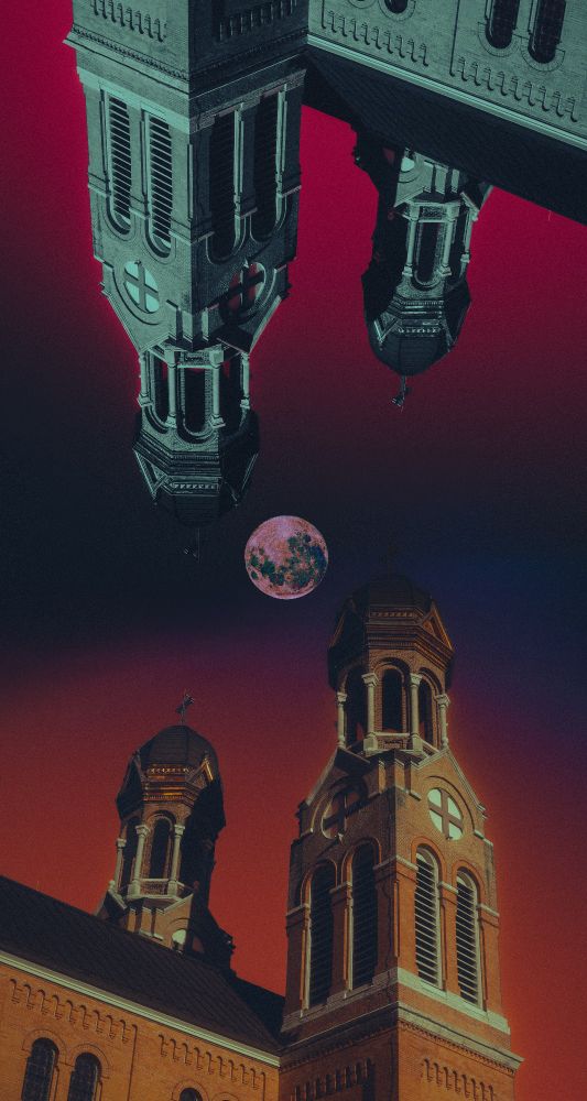 2 images of the same church steeple, they're made of brick. The steeples are cut our of the original image and placed on a colorful background with a moon in the center. One steeple is visible coming out of the bottom of the image, so right side up, and the other is mirrored and upside down. 