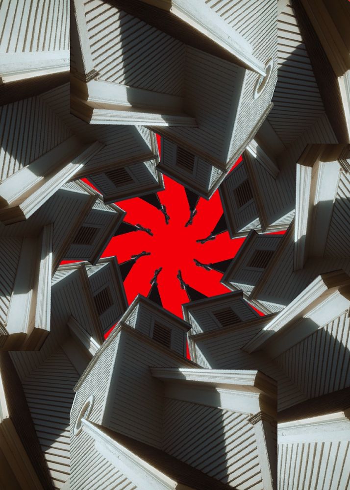 1 wooden church steeple is mirrored and replicated, then rotated 45° to create a spiral of church steeples on a red background