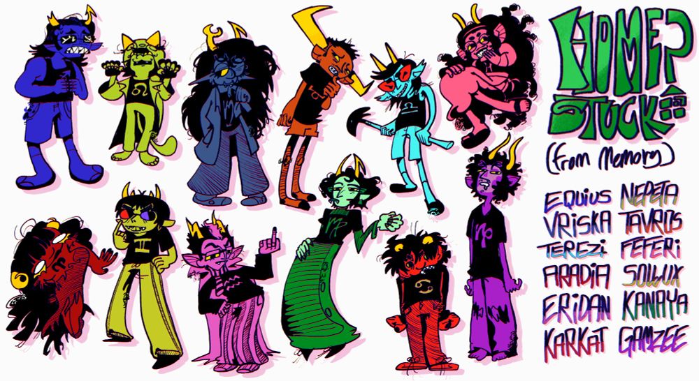 the various homestuck trolls color coded and drawn from memory
