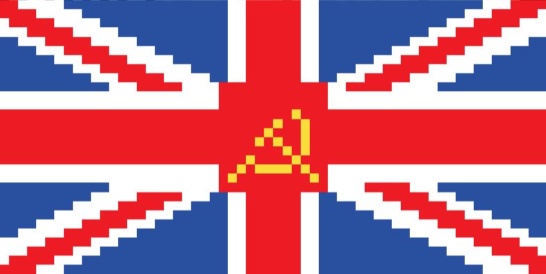 pixel art union jack with a hammer and sickle in the middle