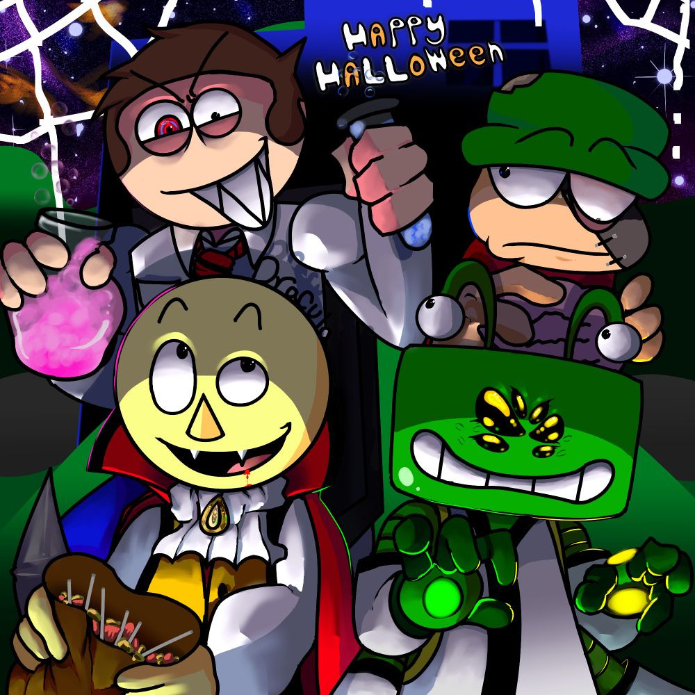 A Volume 1 styled drawing of Dave, Bambi, Tristan, and PlayRobot. Dave is dressed up as a Mad Scientist, Bambi is a zombie, Tristan is a vampire, and PlayRobot is an alien. The background is a reference to the old character select screen from 3.0.

HAPPY HALLOWEEN GET LOTS OF CANDY AND FOR THOSE WHO DON'T CELEBRATE IT HAVE AN AMAZING DAY EITHER WAY!!!!!!!!