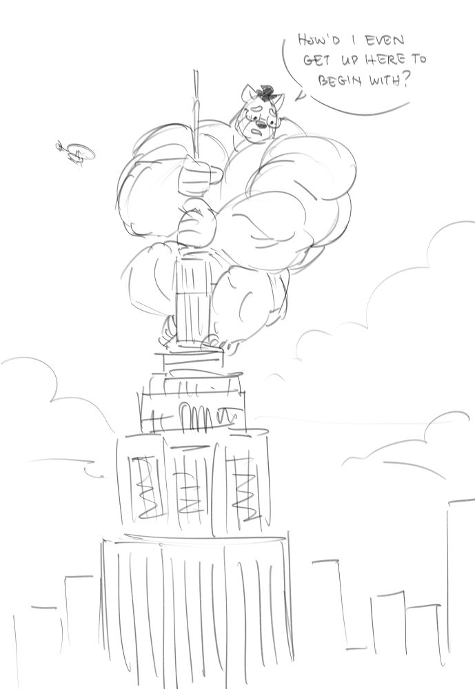 Vaughn reenacting the empire state building scene from king kong, but he's also mildly afraid of heights