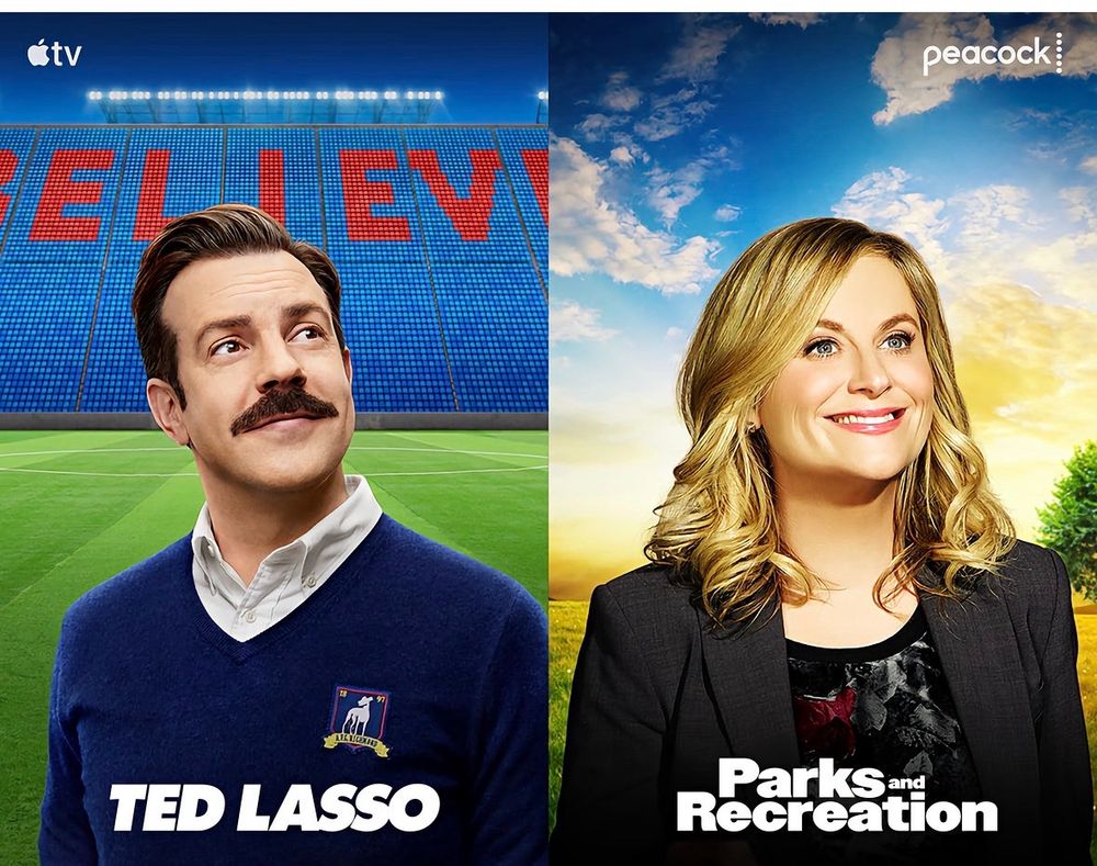 Side-by-side posters of Jason Sudeikis as Ted Lasso and Amy Poehler as Leslie Knope, both looking slightly up and to their left