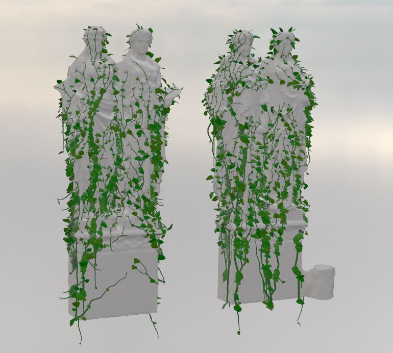 Two statues covered in ivy