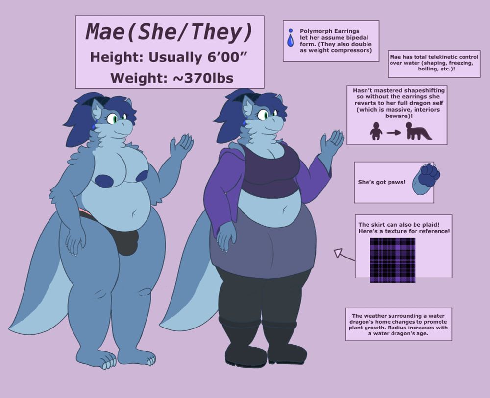 The actual reference for the artist's fursona. On one side of the image she is nude, save for a pair of underwear. On the other side is her default outfit along with some info regarding the earrings she wears, the abilities she has, and an optional texture for the skirt.
