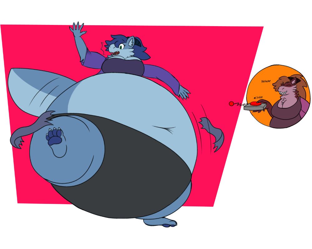 Mae, a blue furred water dragon, is being inflated into a monobutt shape by her doppelganger, who is laughing mischievously on the side. Mae's skirt exploded off of her, leaving her only in her underwear!