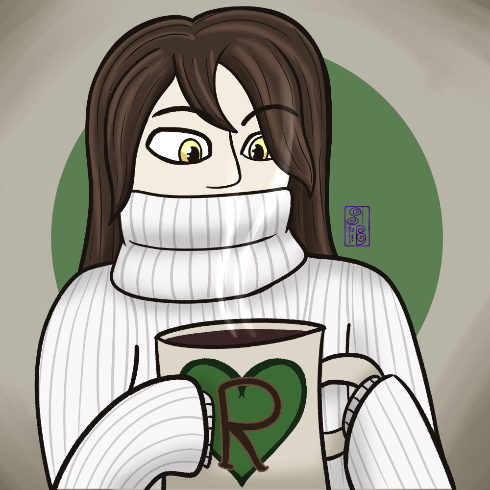 An drawing of a man (Vektor with long brown hair, pale skin, and yellow eyes. He is wearing a white turtleneck, which is ridiculously large. The turtleneck is covering his mouth, and the sleeves are covering his hands. The mug he is holding is also ridiculously large, and is full of steaming hot chocolate. 