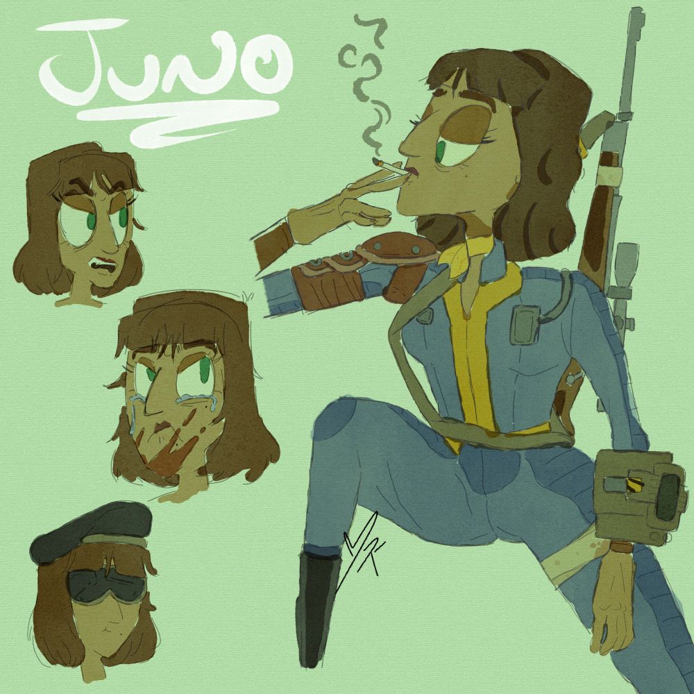 Several sketchbook-esque drawings of my Fallout Sole Survivor, Juno. She has olive skin and straight, dark brown hair  to her shoulders, with bangs. Green eyes and a few moles on her face, and a large nose. One sketch is a fullbody drawing of Juno in her vaultsuit smoking a cigarette, with her sniper rifle behind her. There are three more sketches just of her face with various expressions.