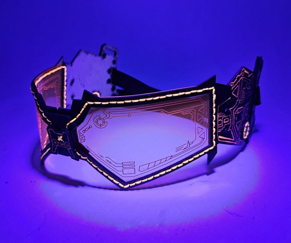 Orange fursuit goggles under a black light