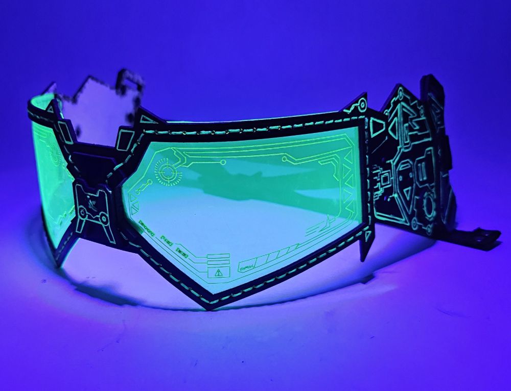 Green fursuit goggles in a black light to show its UV reactive