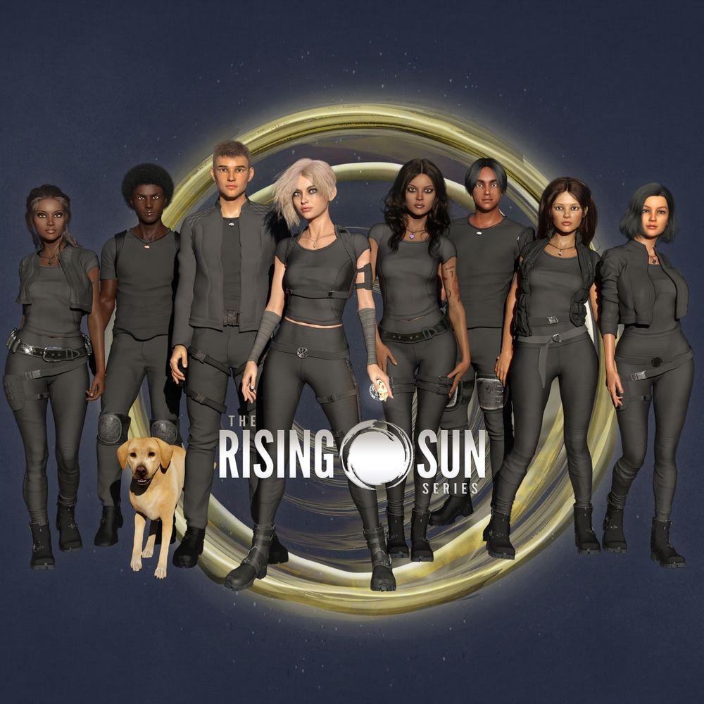 Kase, Fusion, Selene, Baer, Solstice, Narista, Eos, Lani, and Jordin from the science fiction saga, The Rising Sun