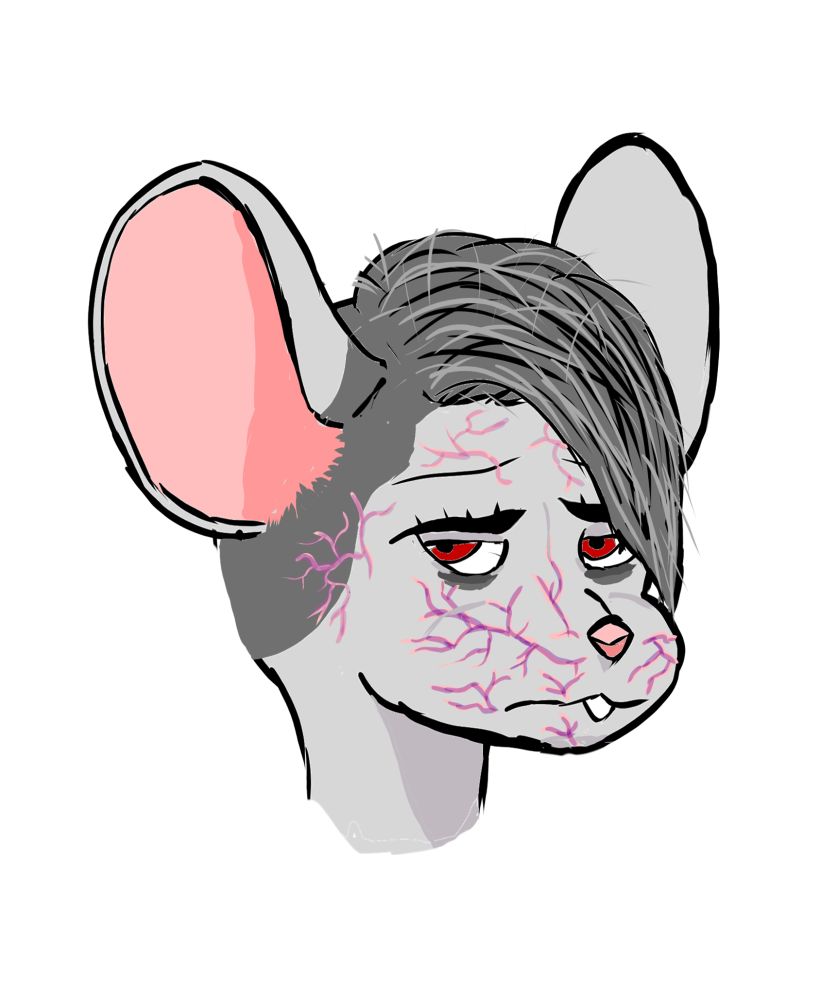 A cartoon headshot of an anthropomorphized rat girl with purple veins on her face. A Borai Ysoki, a kind of undead character from the Starfinder TTRPG system.