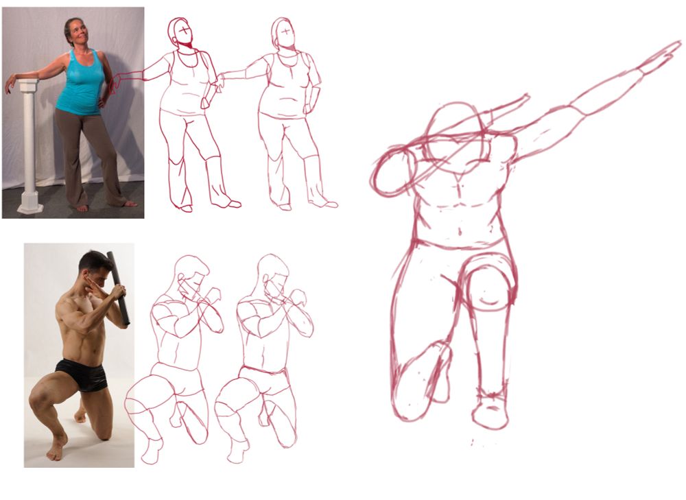 Two pairs of figure sketches one traced, one not, based off of photos and one figure sketched without any references.