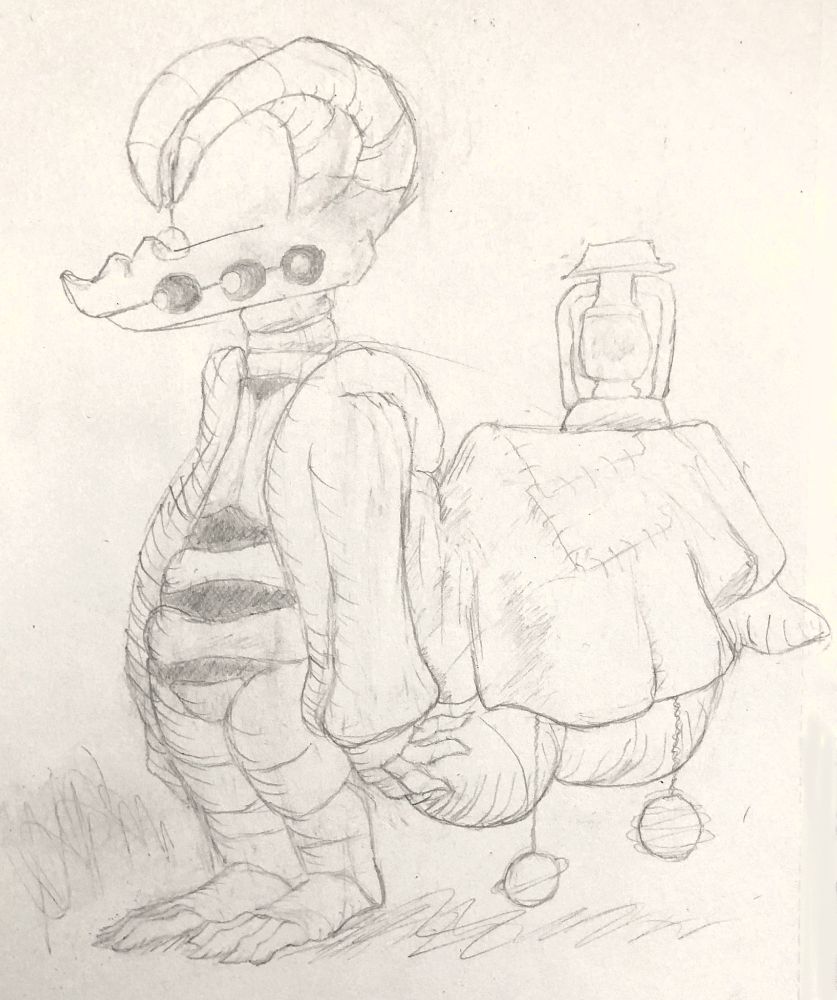 pencil sketch of sorta skeleton-like creature with a hoodie with a crocodile-type head with three holes, and 2 striped horns that curl over the head, one horn with an ornament hanging on a string.  neck is shaped like vertebrae down to a ribcage type structure down to the pelvis.  legs are thick, striped, and short.  feet consist of main pad and 4 long bony toes each.  hands have a similar structure.  hoodie extends into large sort of blanket that covers the massive coiled striped tail.  the blanket has some resewn patches on it.  sitting on the blanket is a lantern.