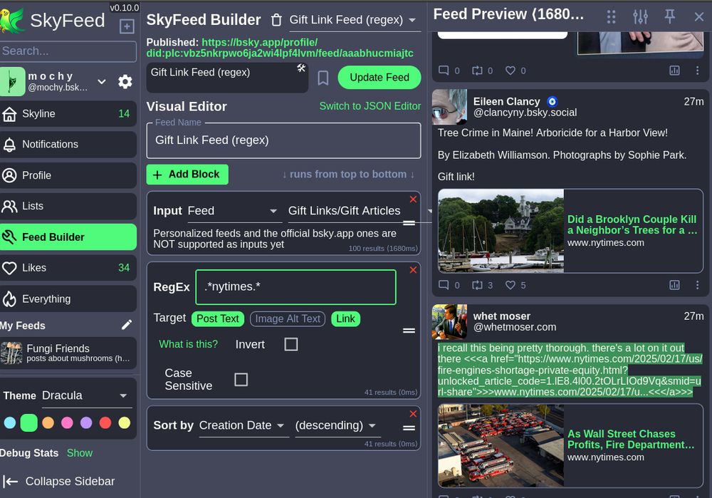 SkyFeed UI showing the Feed Builder visual editor with Input == Feed == Gift Links and '.*nytimes.*' as the regex selection (in either Post Text or Link)