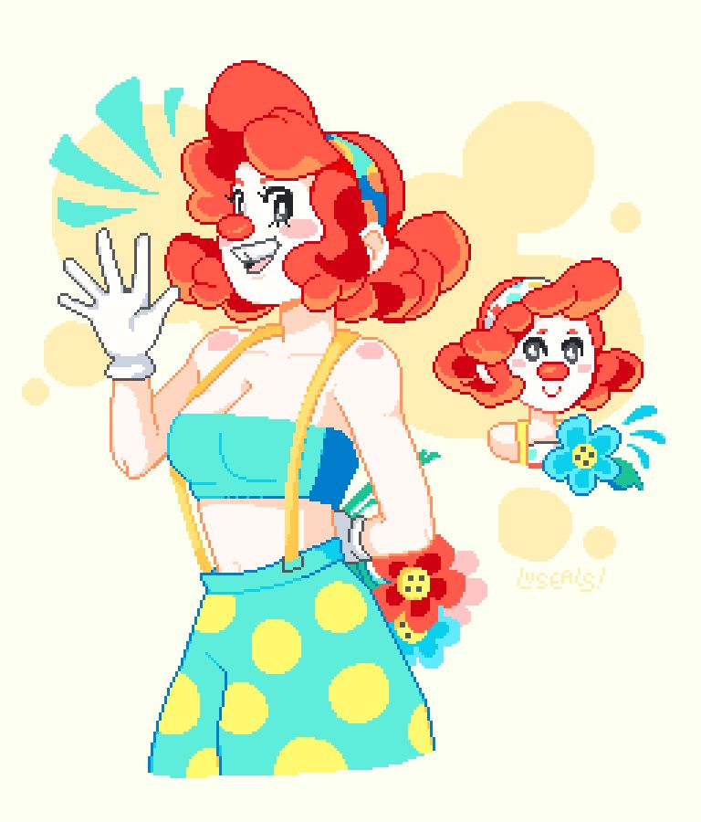 Pixel art of a colorful clown character drawn as a halfbody and as a chibi-style headshot. In her halfbody shot, she grins and waves at the viewer while holding a bouquet of spray flowers behind her back. In her headshot, she smiles while water squirts out of a spray flower on her chest.