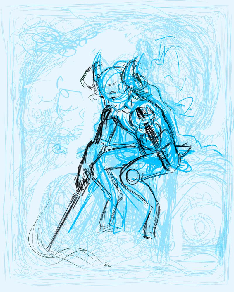 Rough sketch of a tiefling violinist in black, white, and blue. The figure smiles and points their violin bow towards the ground, but the rest of the sketch's swooping lines are too messy to parse the rest of the illustration.
