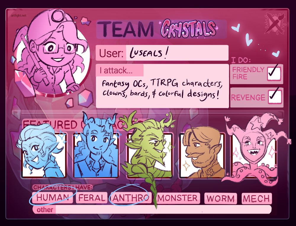 Art Fight Team Crystal card showcasing the artist (luseals) and five of their featured original characters. 