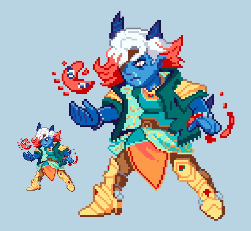 Pixel art sprite of a colorful, serious-looking character in a battle stance. She has blue skin, white and red hair and eyes, and dark horns, and she's dressed in a mix of teal fabrics, leather, and gold. A red blob-like creatures with eyes swirls around her hands. The sprite is shown in a smaller size and in a closeup.