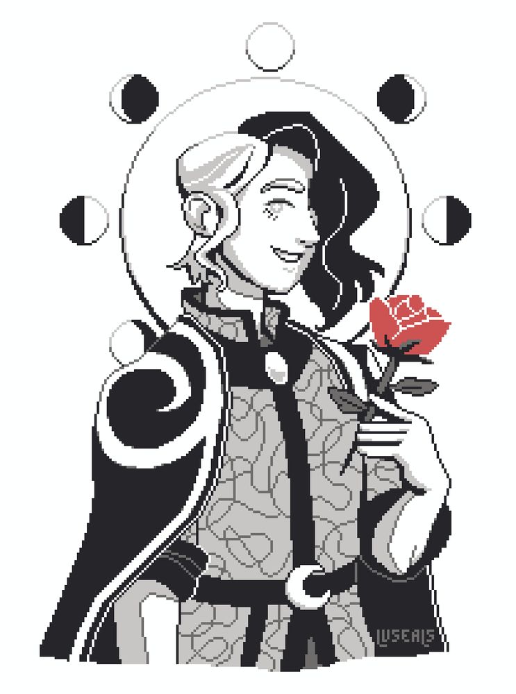 Pixel art halfbody portrait of a moon-themed character with a black, white, and grey design, smiling kindly at the viewer. He has split black and white hair that covers half of his face, one visible white eye, pale skin, and a halo surrounded by the phases of the moon around his head. His robes are decorated with swirling patterns and white gems, and he holds one red rose up to his chest.