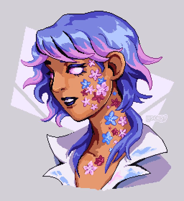 Pixel art portrait of a character with pink, blue, and red flowers growing out of the left side of their face and skin. They have brown skin, lilac and pink hair in a jellyfish cut, and pink sclera without irises or pupils. They're dressed in a white shirt with paint stains on the collar.