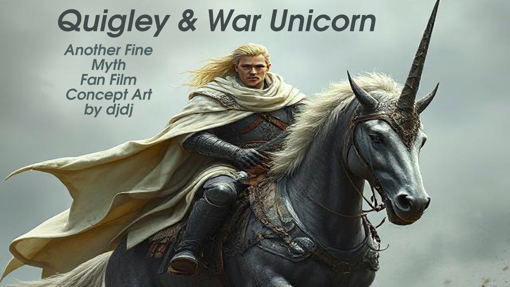 Quigley riding war unicorn. Human Male,35years,180cm,Demon Hunter,Blonde Hair, White skin with healthy glow, Muscular Hero Type, wearing Armour with a Creamy-White Cloak with hints of browns and reds. Weapons in scabbards(Sword) riding a massive war unicorn laden with weapons and armor.