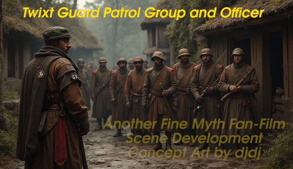 Earth-type world as in the Middle-Ages Rustic. A patrol group of 12 disheveled rustic uniformed soldier-guards at ease near a dingy tavern. Simple rustic weapons, swords, Cross-bows. The chief officer with officers badges is looking at the viewer while the patrol group are idling by the tavern