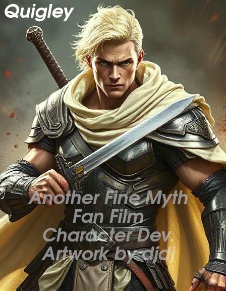 Quigley Character Concept: Human Male,35years,180cm,Demon Hunter,Blonde Hair, White skin with healthy glow, Muscular Hero Type, wearing Armour with a Creamy-White Cloak with hints of browns and reds. Weapons in scabbards(Sword)