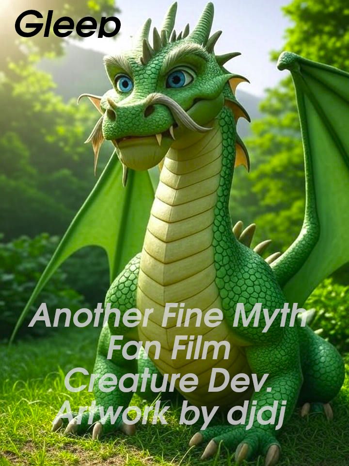 Creating Gleep: Young Immature Dragon, four feet high and ten feet long,med-light-green scales,big blue eyes,a drooping white mustache.wings are just beginning to bud, needle-sharp fangs, strength in the muscles rippling beneath scales