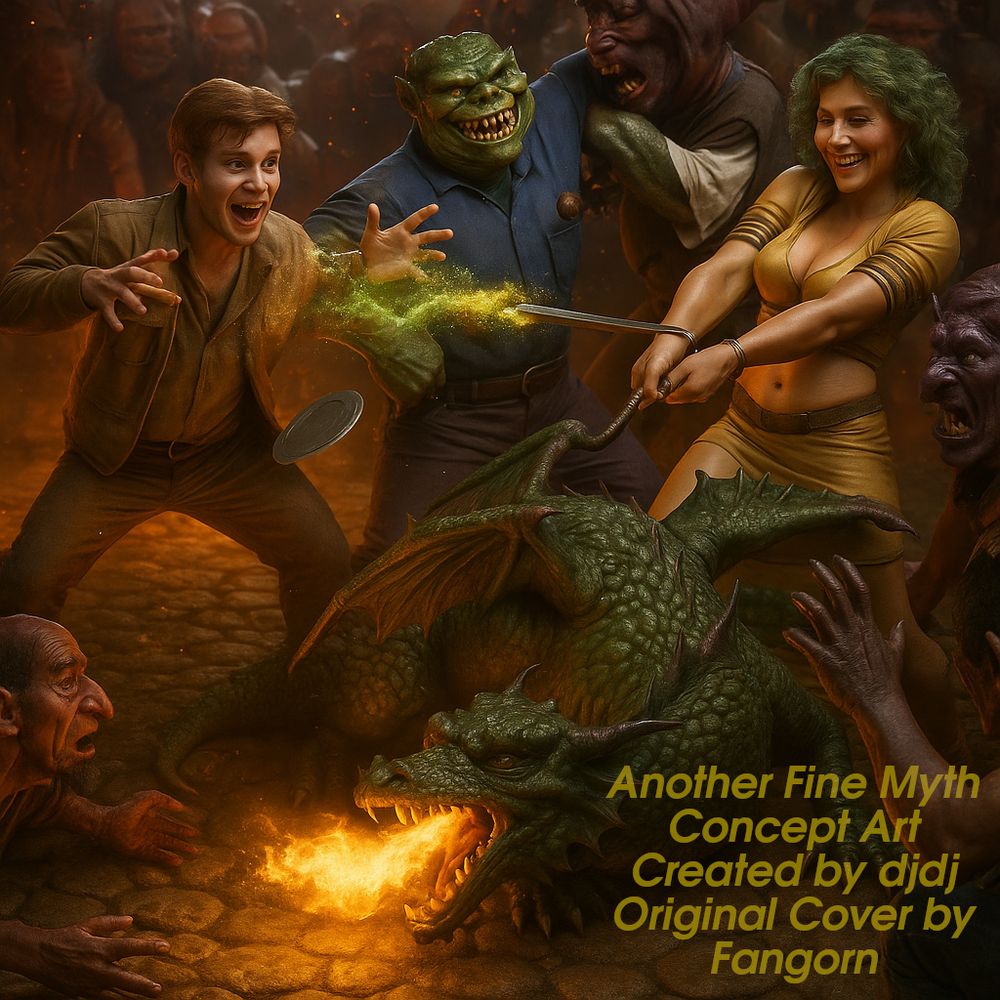 Another Fine Myth Front Cover Art by Fangorn converted to a 3D Image of Skeeve, Aahz, Tanada and Gleep by djdj