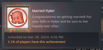 A screenshot showing the Steam achievement for marrying Ryker in the game Rune Factory 5, only 1.1% of players have it.