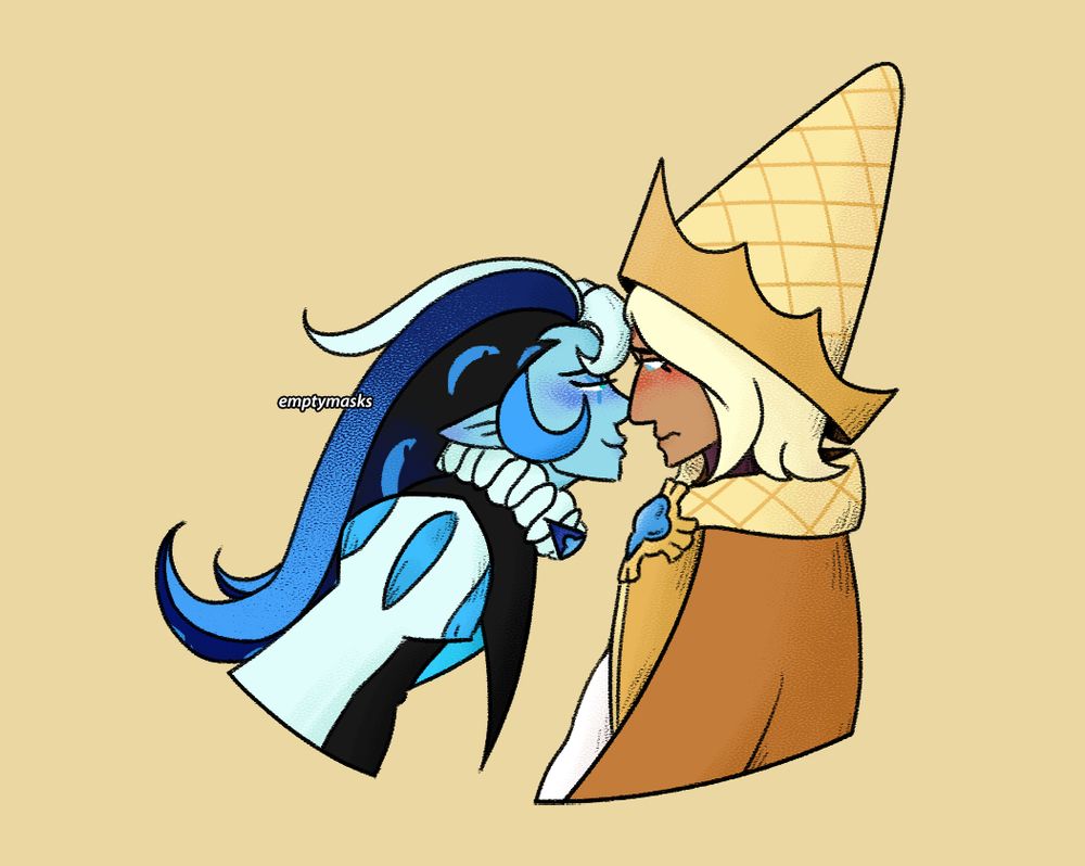 half-body full colour drawing of pure vanilla cookie and shadow milk cookie. pure vanilla is in his regular form/outfit. shadow milk is leaning towards pure vanilla as if he's leaning in for a kiss, eyes half-lidded, pure vanilla is flustered, not knowing if he wants to lean away or forwards into the kiss.