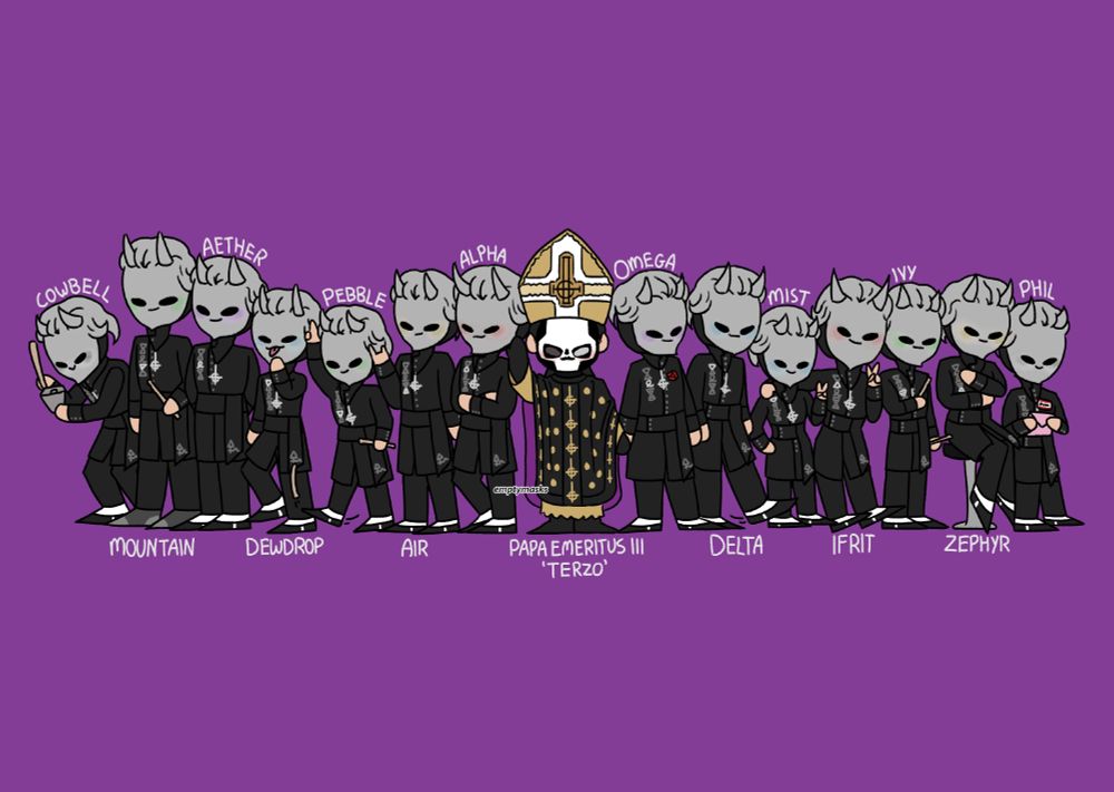 3/4. chibi drawings of papa emeritus iii and his ghouls (cowbell, mountain, aether, dewdrop, pebble, air, alpha, omega, delta, mist, ifrit, ivy, zephy, phil) on a purple background.