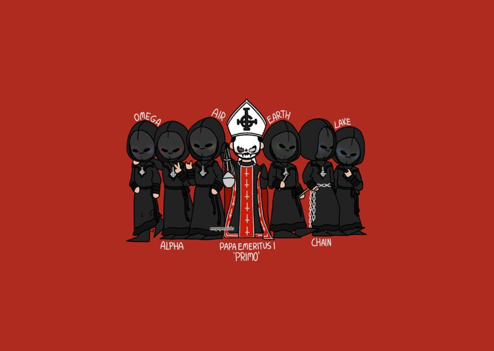 1/4. chibi drawings of papa emeritus i and his ghouls (omega, alpha, air, earth, chain, lake) on a red background.