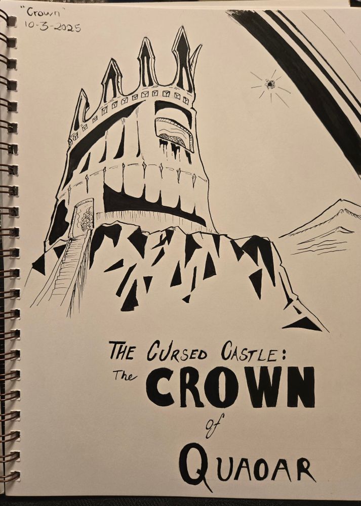 India ink drawing of a castle shaped like a crown, on the dwarf planet Quaoar, with the world's tenuous ring in the sky.