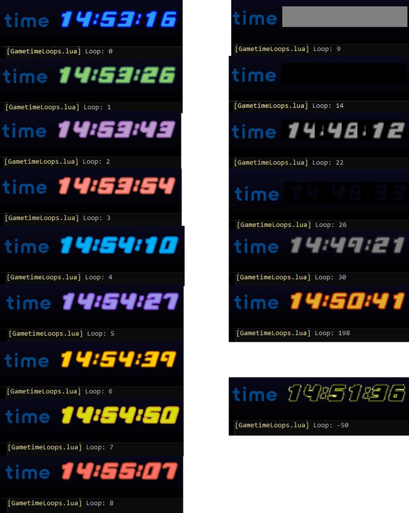 A list of timer text colors for KH1. 
Loop 0: Blue
Loop 1: Green
Loop 2: Pinkish purple
Loop 3: Redish pink
Loop 4: Cyan
Loop 5: Purple
Loop 6: Gold
Loop 7: Yellow
Loop 9: Red

The second column is all the glitched text
Loop 9: Gray bar
Loop 14: Black bar
Loop 22: Gray text on black squares
Loop 26: Cutouts from black squares
Loop 30: Gray
Loop 198: Redish gold
Loop -50: Black text with yellow outline