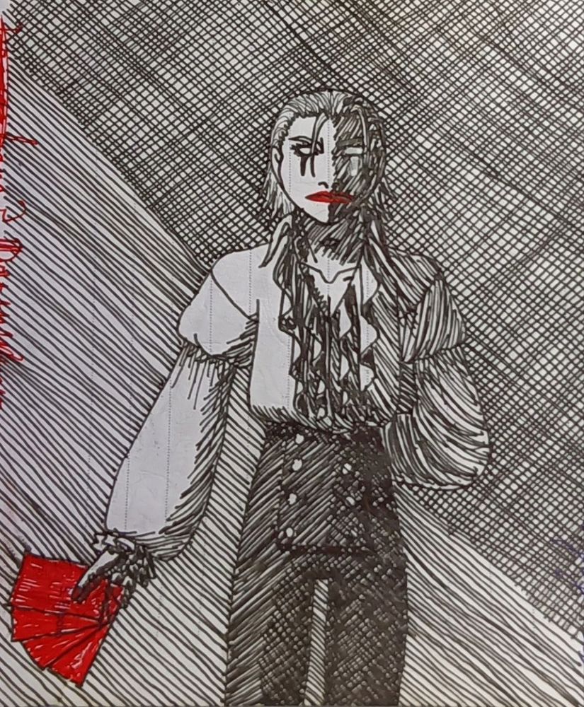 Dibujo a bolígrafo del personaje de Algodón, de una campaña de La Maldición de Strahd. Está de frente, con una mano escondida a la espalda y la otra sujetando un abanico de cartas, serio, con el vestuario de después del secuestro. Las sombras del dibujo están hechas a base de rayitas de boli. Los labios, las cartas y las uñas son rojas, el resto está todo en blanco y negro.