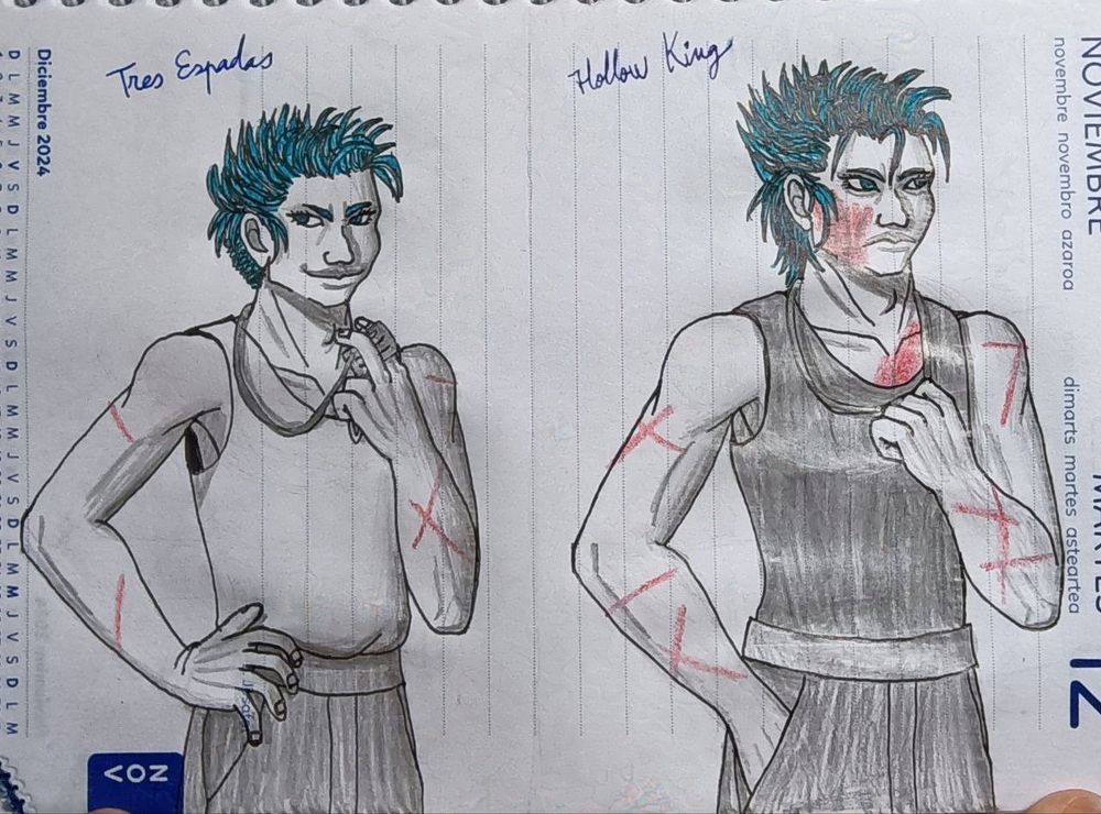 Sketch of Grimmjow Jaegerjaques in two different moments in the mentioned fic. Left we see his past self, younger, with an undercut, already showing some scars but not a lot, and smirking while he fidgets with his dogtags. Right, we see his present self, older and buffier, with dark circles under his eyes and way more scars. He no longer smirks and is now clutching his dogtags against his chest.