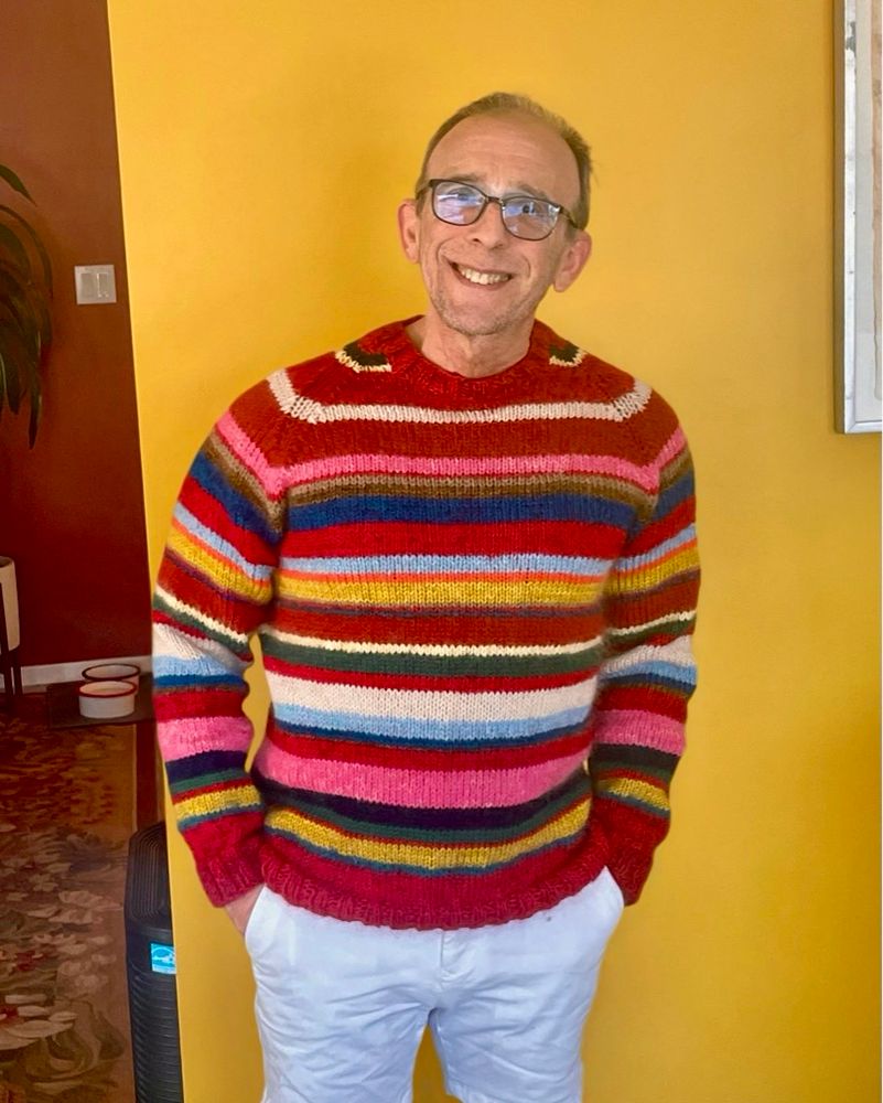 Tommy in a sweater knitted by Philip.