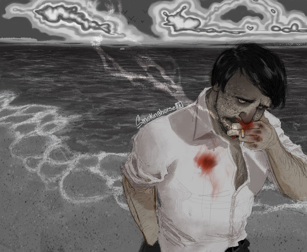 Jean Vicquemare smoking on the beach with a bloody nose