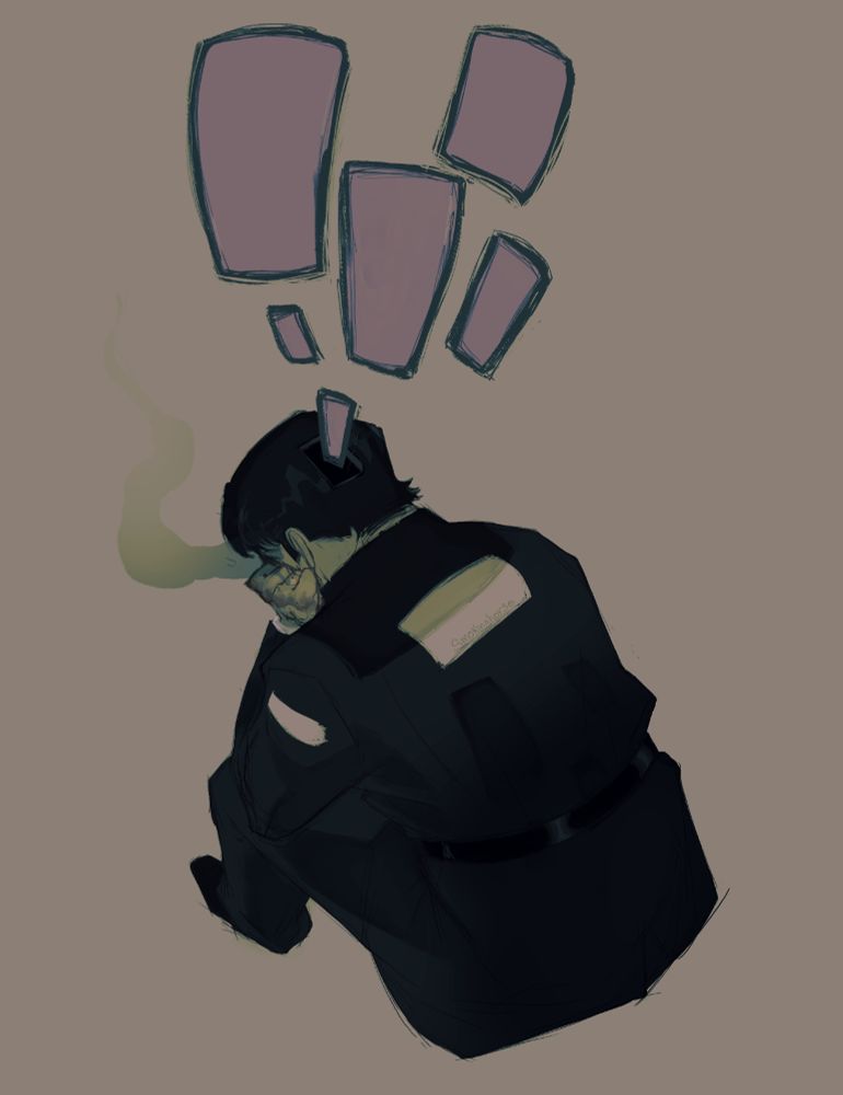 Jean Vicquemare sitting hunched over, back turned to the camera from an upwards angle, smoking a cigarette while purple thought rectangles leak out of a rectangular hole in his head.