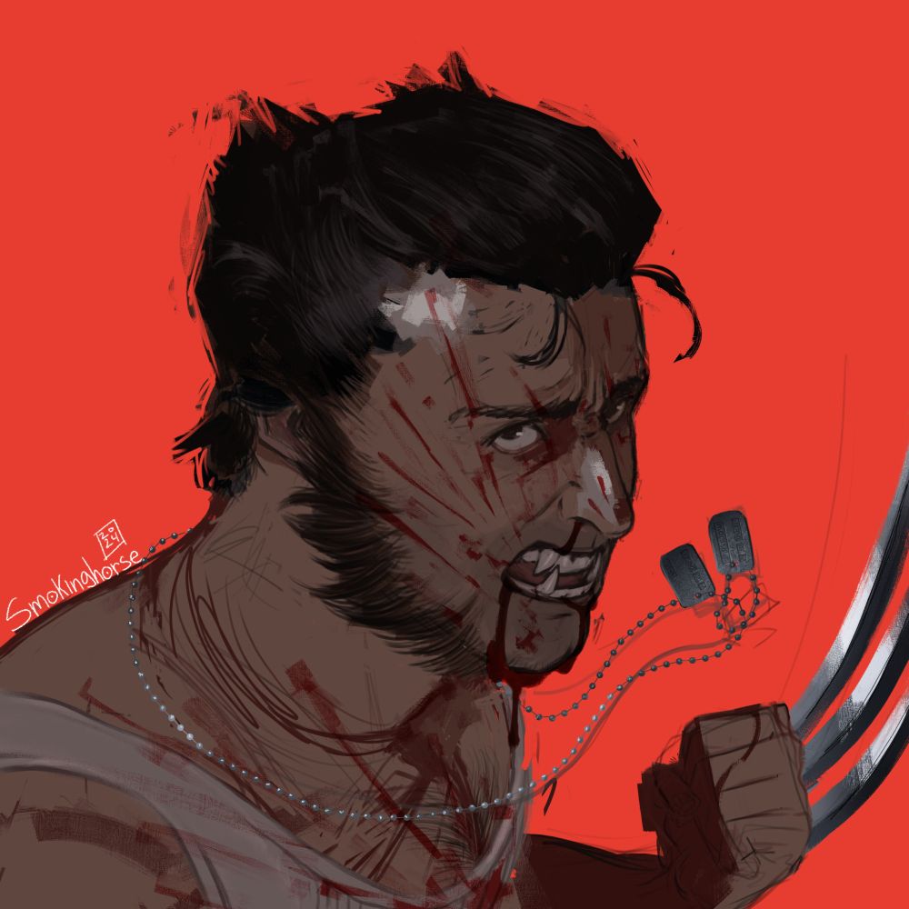 Logan Howlett covered in blood with a red background.