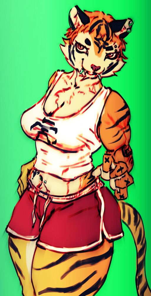 personagem antropomórfica com característica de um tigre, usa uma camiseta justa que termina um pouco acima do umbigo e short vermelho com costura branca; usa piercings na orelha, na sobrancelha, lábio inferior e no umbigo; tatuagem com formato de x em cada dedo e uma tatuagem de padrão florido no antebraço ambas no lado esquerdo e uma tatuagem no lado direito da barriga; a personagem se encontra em um fundo verde e está com a mão direita na cintura.