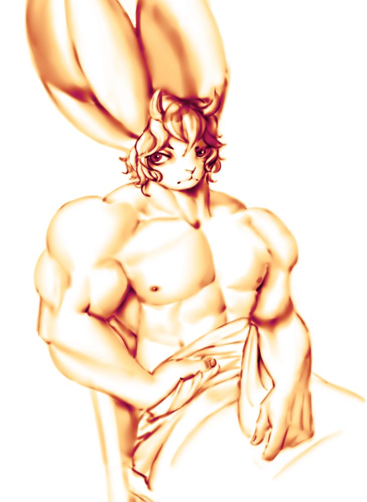 retrato de um personagem antropomorfico parecido com um coelho sentado em uma cadeira e enrolado em um tecido; possui corpo grande com musculatura desenvolvida e cabelos ondulados curtos onde duas mechas perto da testa estão viradas para a cima remetendo chifres.
