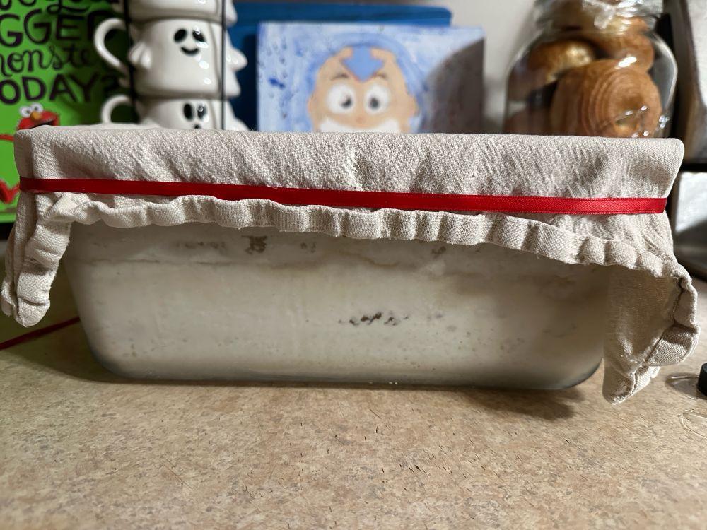 glass storage container holding sourdough starter sitting on countertop 