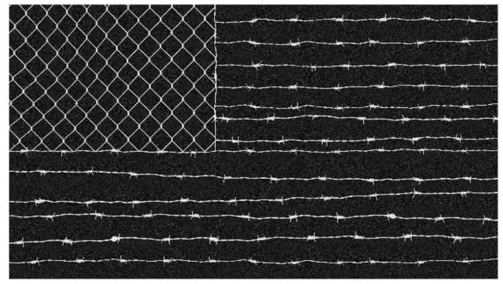 An American flag, but the background is all black with white lines depicting the stars and stripes. The stars area is made of chain link fence and the stripes are barbed wire to represent in internment camps that are being hastily erected to imprison people who are being kidnapped and disappeared by the Felon47 regime.