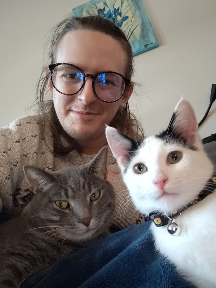 Boy squad featuring Peder (human, above), Birchwood (cat, left) and Bucket (kitten, right)