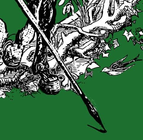 A zoomed in view of a white spear and horse hooves near a ring of branches and a gliding bird, illustrated in a line art style upon a background field of forest green. 