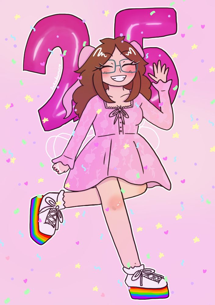 A girl with brown hair wearing a pink dress holding pink 2 and 5 number balloons