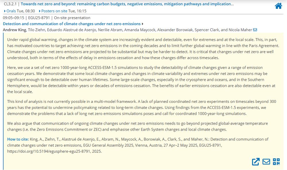 EGU abstract on "Detection and communication of climate changes under net zero emissions"